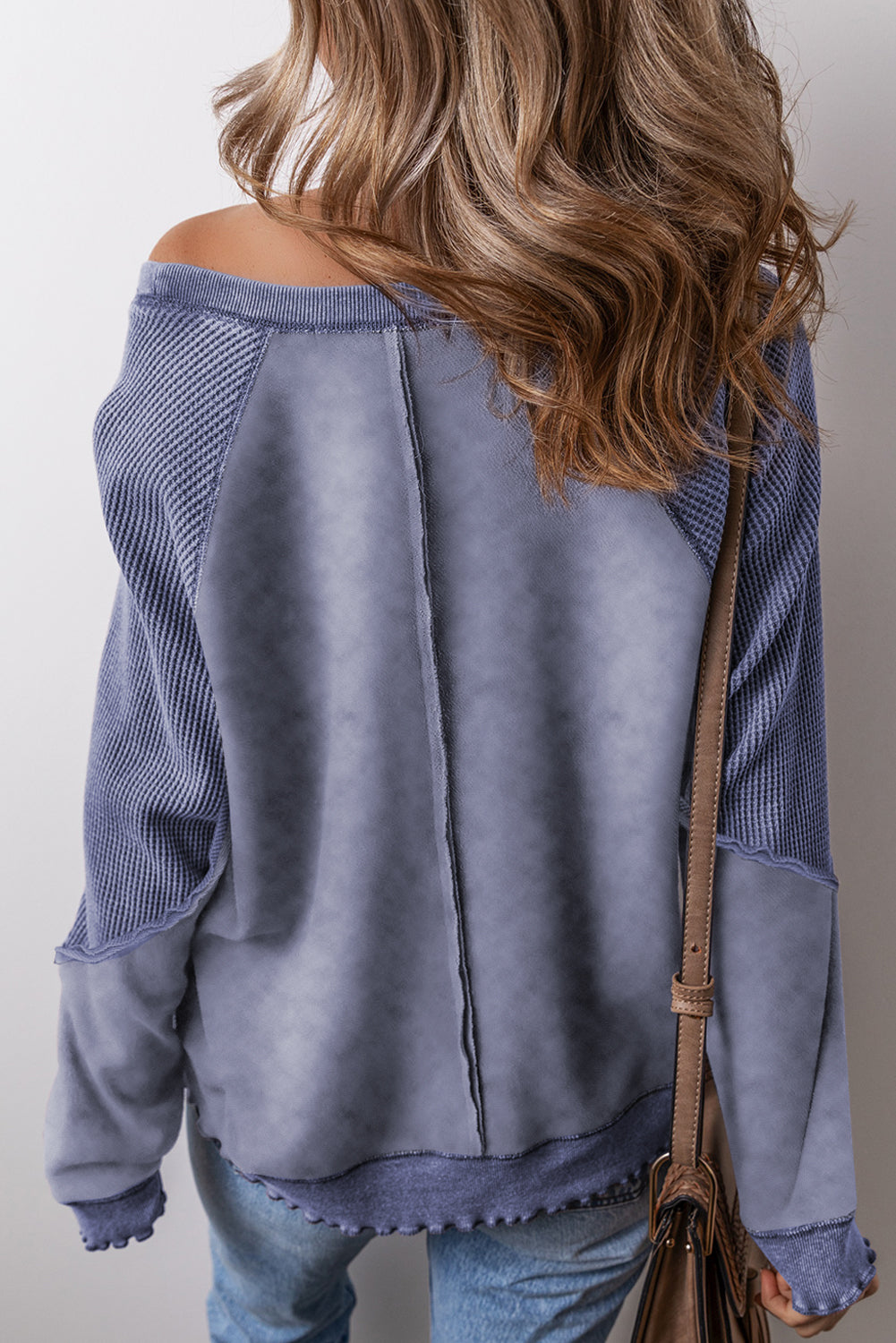 Mineral Blue Waffle Patchwork Raglan Sleeve Exposed Seam Sweatshirt