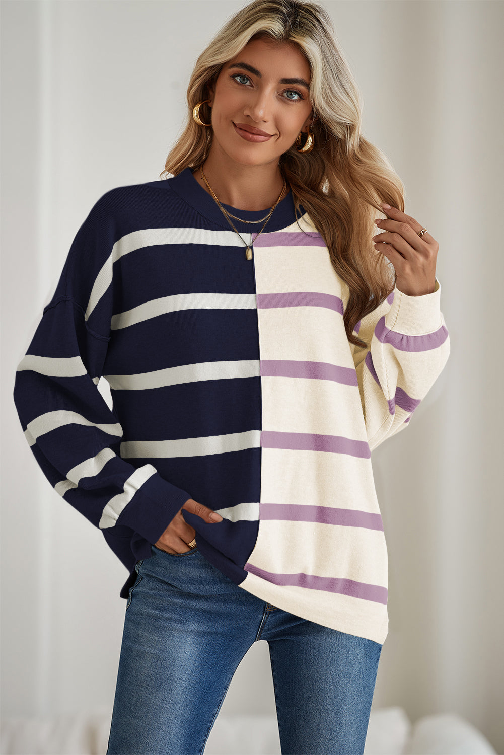 Blue Stripe Exposed Seam Patchwork Loose Sweatshirts