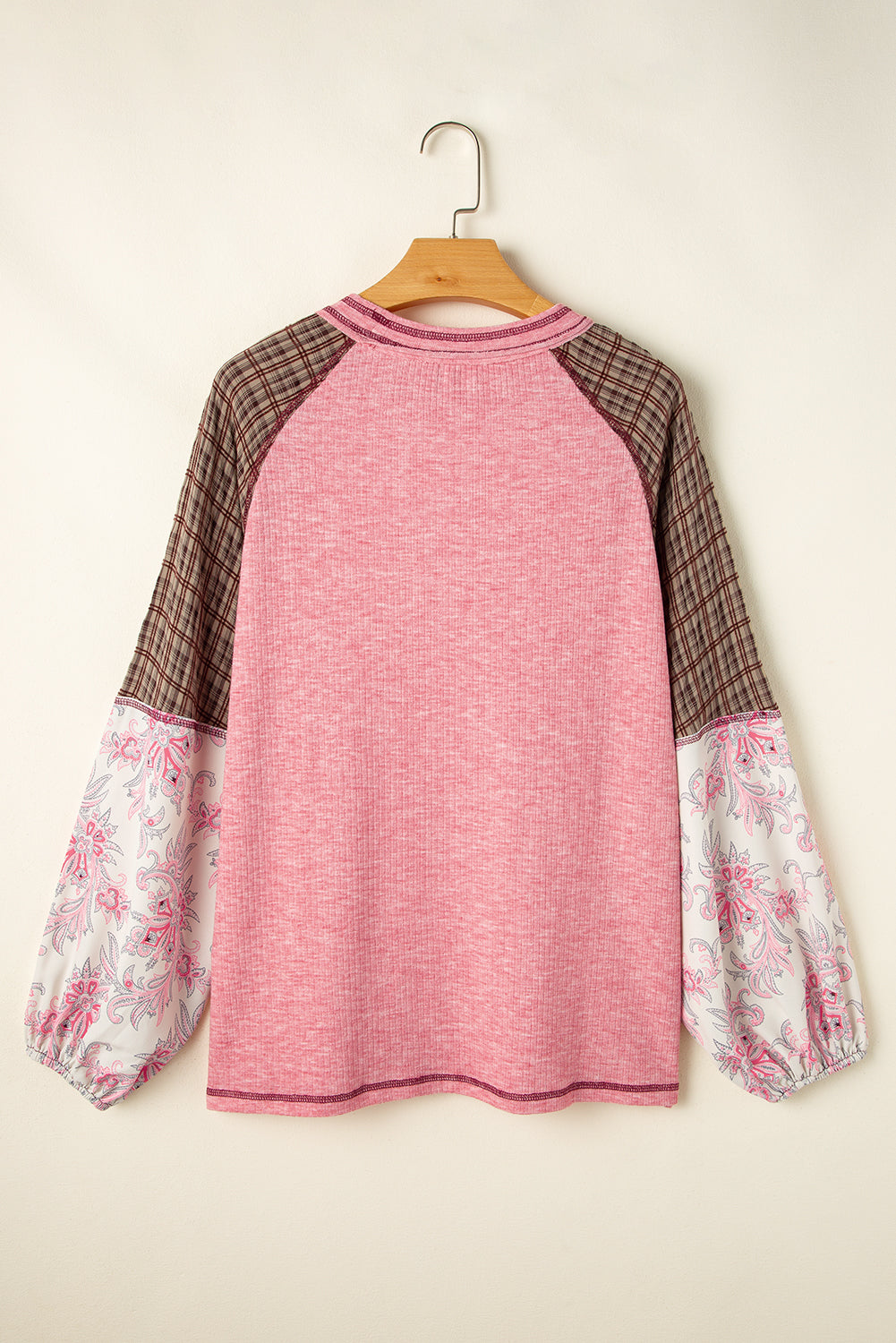 Fushia Floral Plaid Mixed Print Patchwork Raglan Ribbed Top