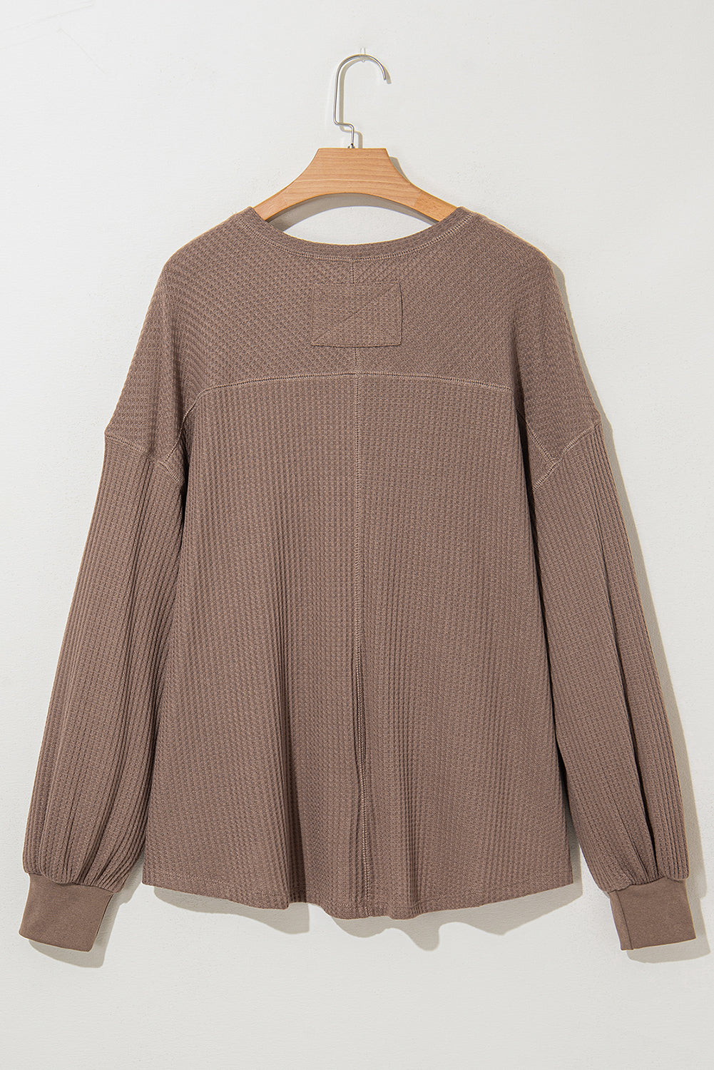 Coffee Waffle V Neck Long Sleeve Drop Shoulder Loose Blouse