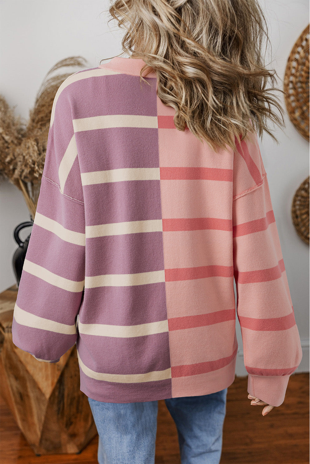 Blue Stripe Exposed Seam Patchwork Loose Sweatshirts