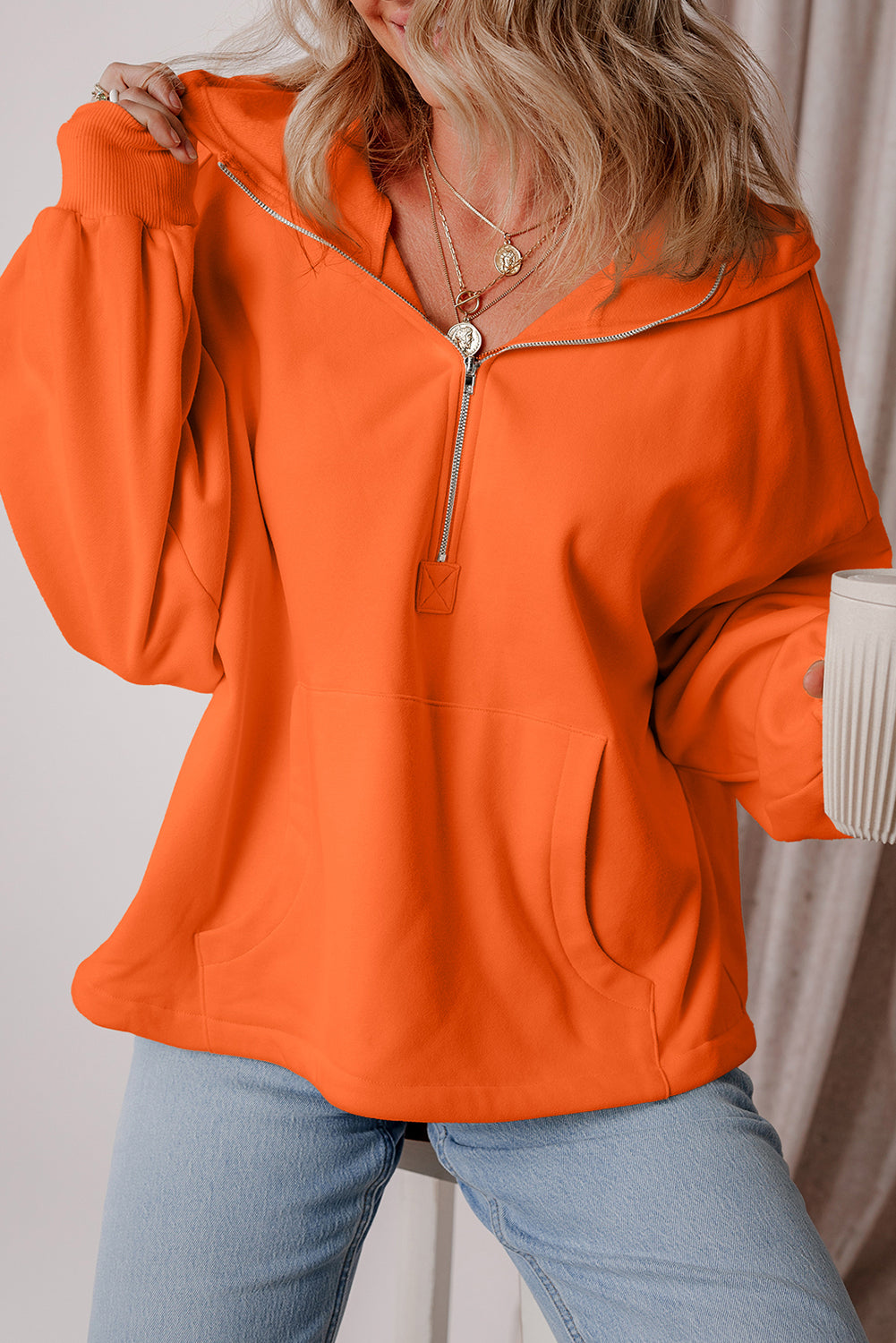 Orange Fleece Lined Half Zipper Kangaroo Pockets Loose Hoodie