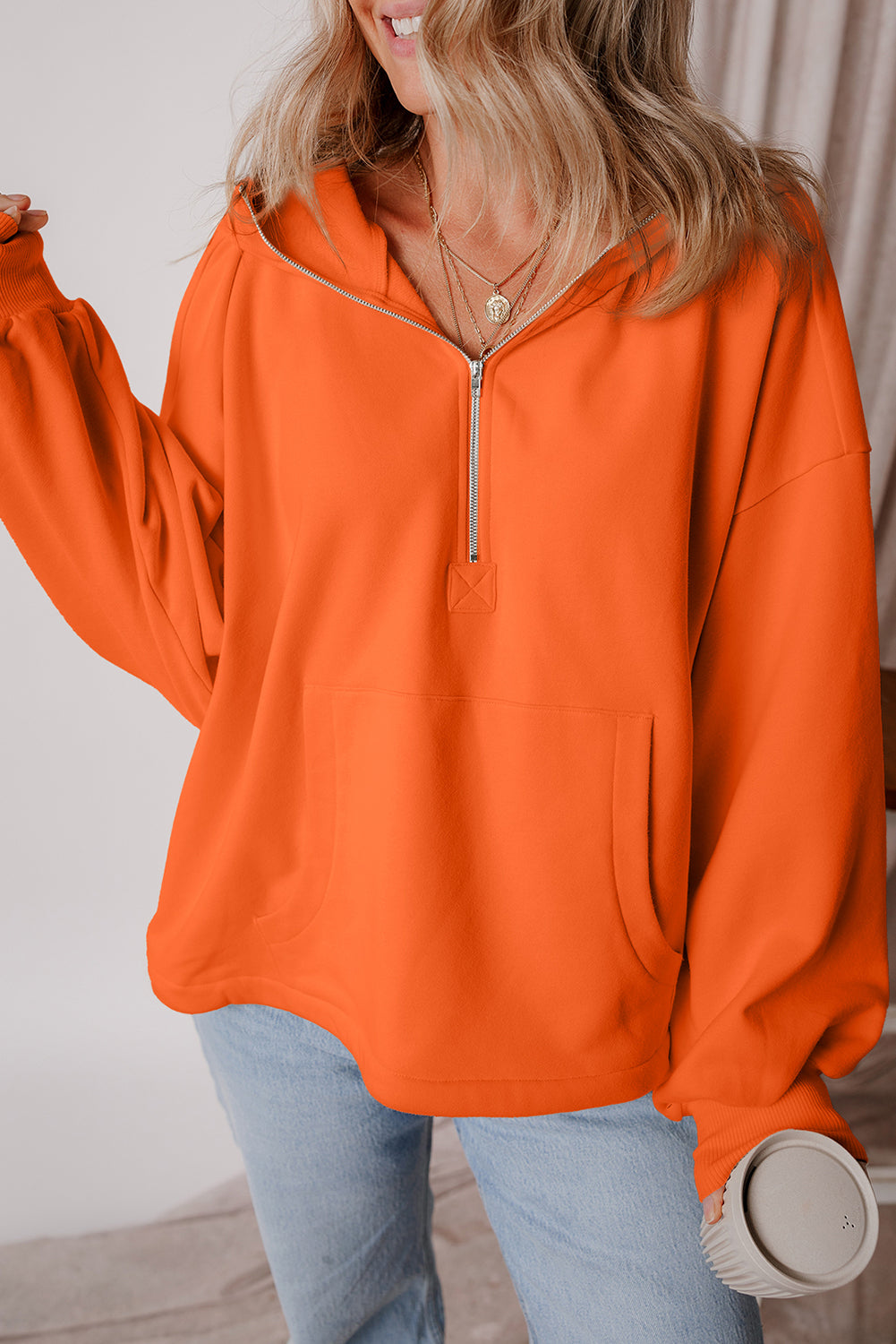 Orange Fleece Lined Half Zipper Kangaroo Pockets Loose Hoodie