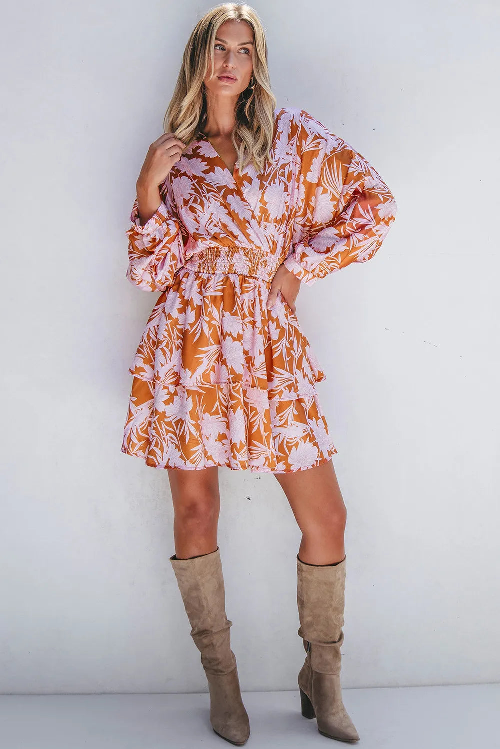 Smocked Printed Long Sleeve Mini Dress