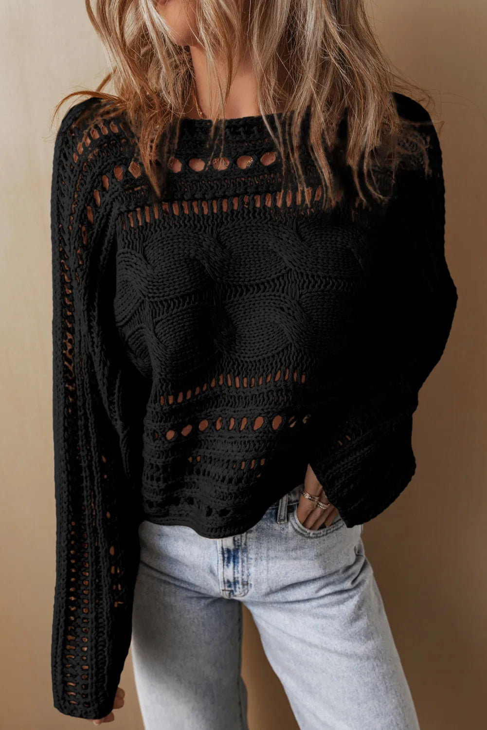 Cable-Knit Openwork Long Sleeve Sweater