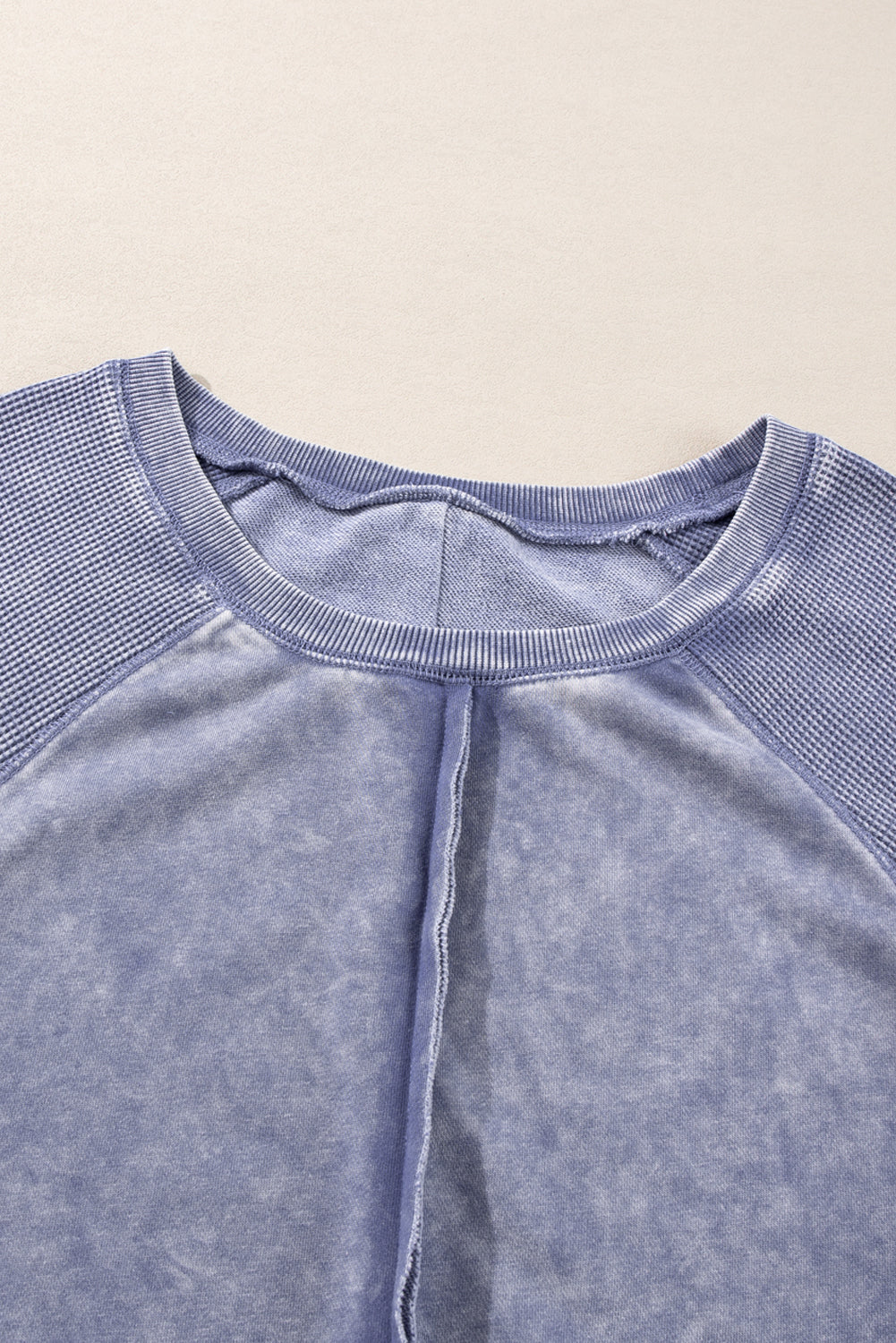 Mineral Blue Waffle Patchwork Raglan Sleeve Exposed Seam Sweatshirt