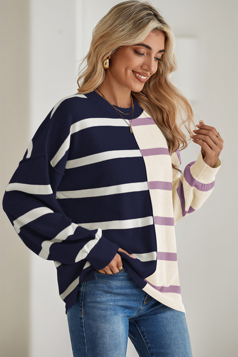 Blue Stripe Exposed Seam Patchwork Loose Sweatshirts