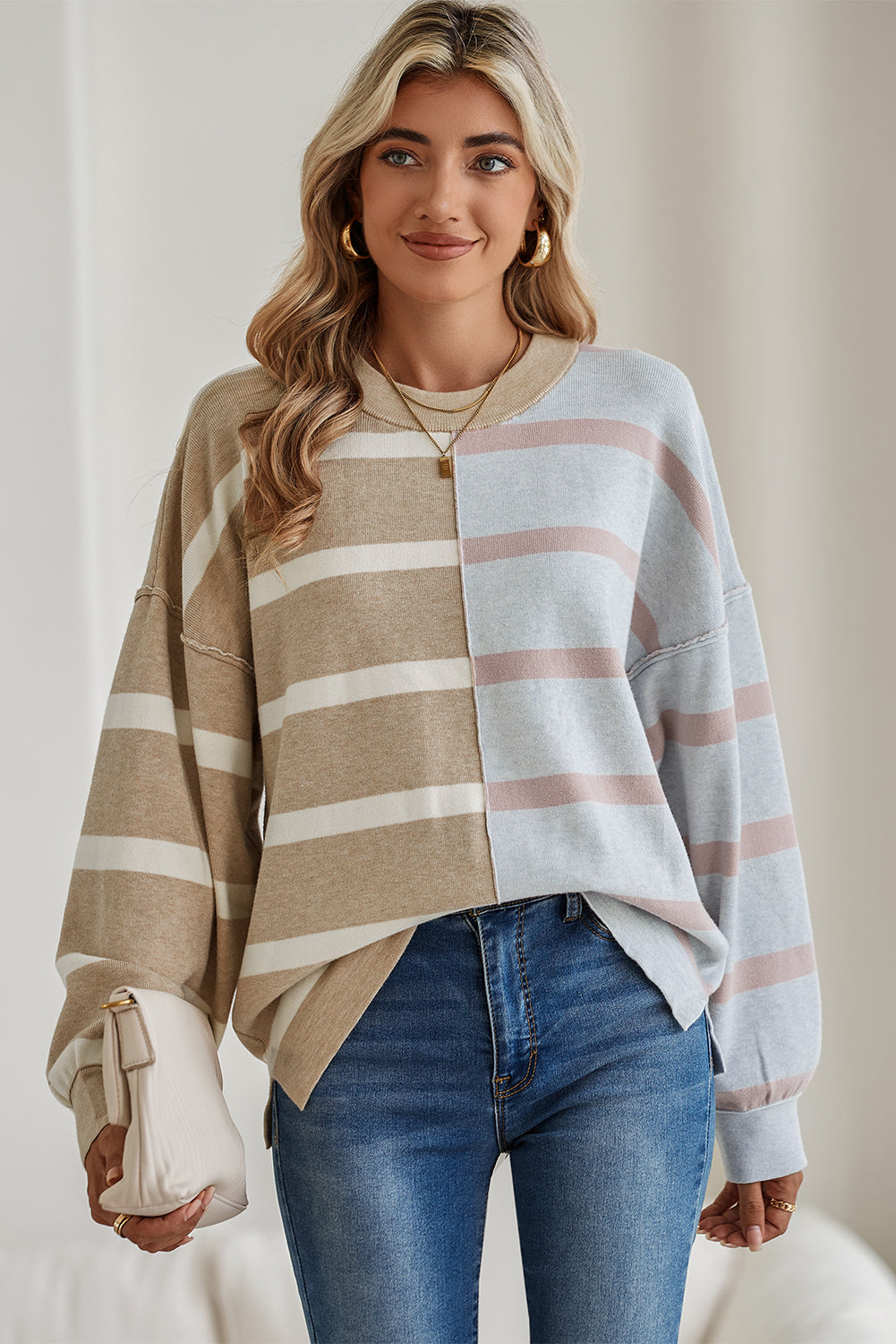 Blue Stripe Exposed Seam Patchwork Loose Sweatshirts