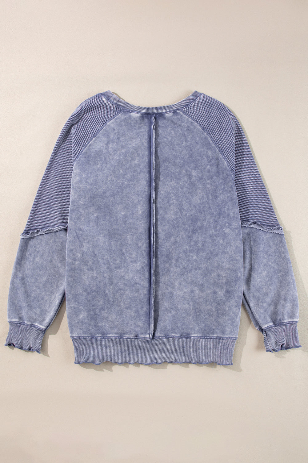 Mineral Blue Waffle Patchwork Raglan Sleeve Exposed Seam Sweatshirt