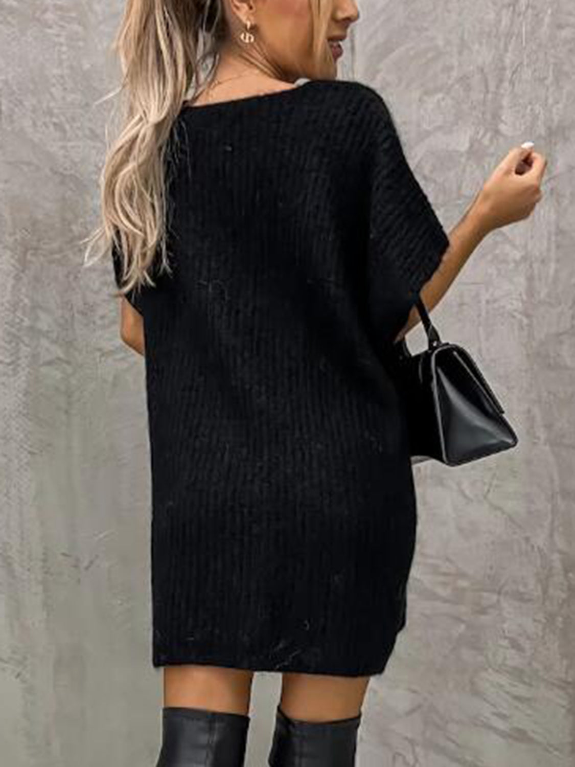 V-Neck Short Sleeve Sweater with Pockets