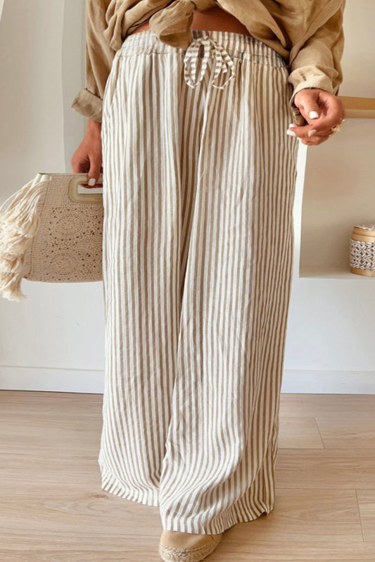 Khaki Striped Drawstring Waist Plus Size Wide Leg Pants