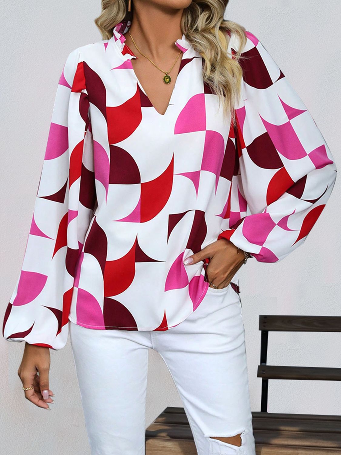 Frill Notched Long Sleeve Blouse