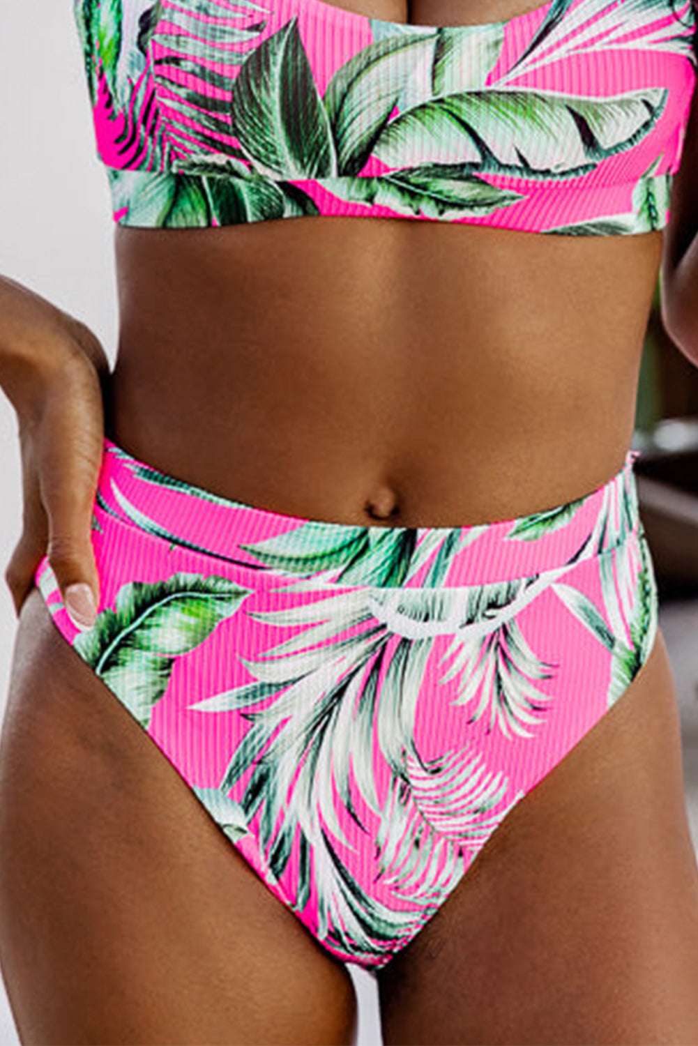 Rose Tropical Print Textured Bikini Bottoms