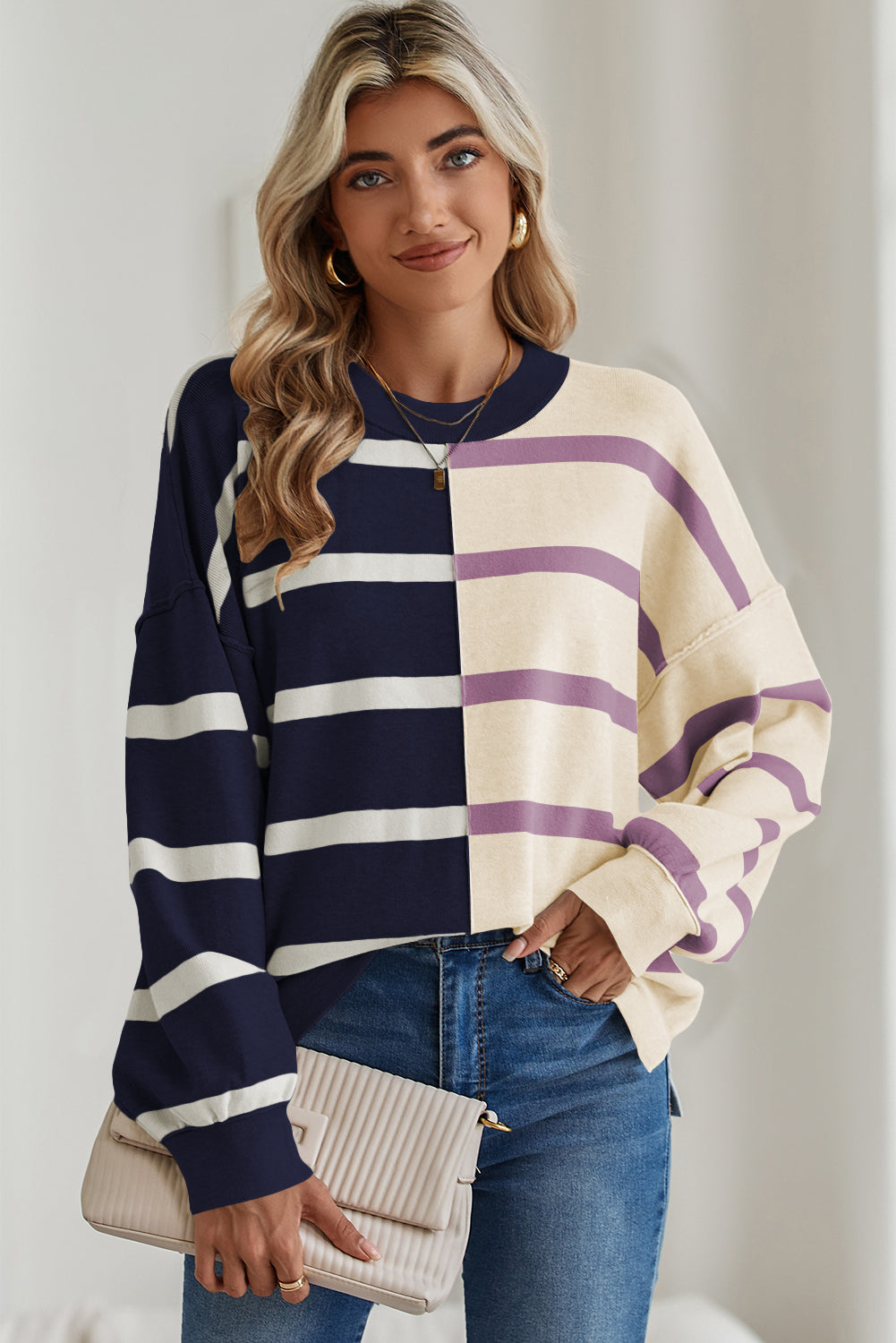 Blue Stripe Exposed Seam Patchwork Loose Sweatshirts