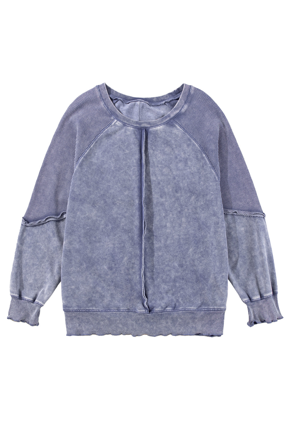 Mineral Blue Waffle Patchwork Raglan Sleeve Exposed Seam Sweatshirt