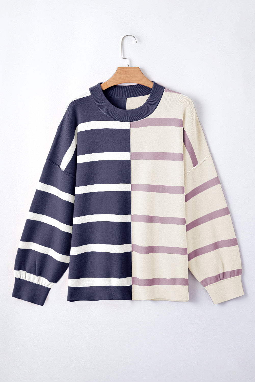 Blue Stripe Exposed Seam Patchwork Loose Sweatshirts