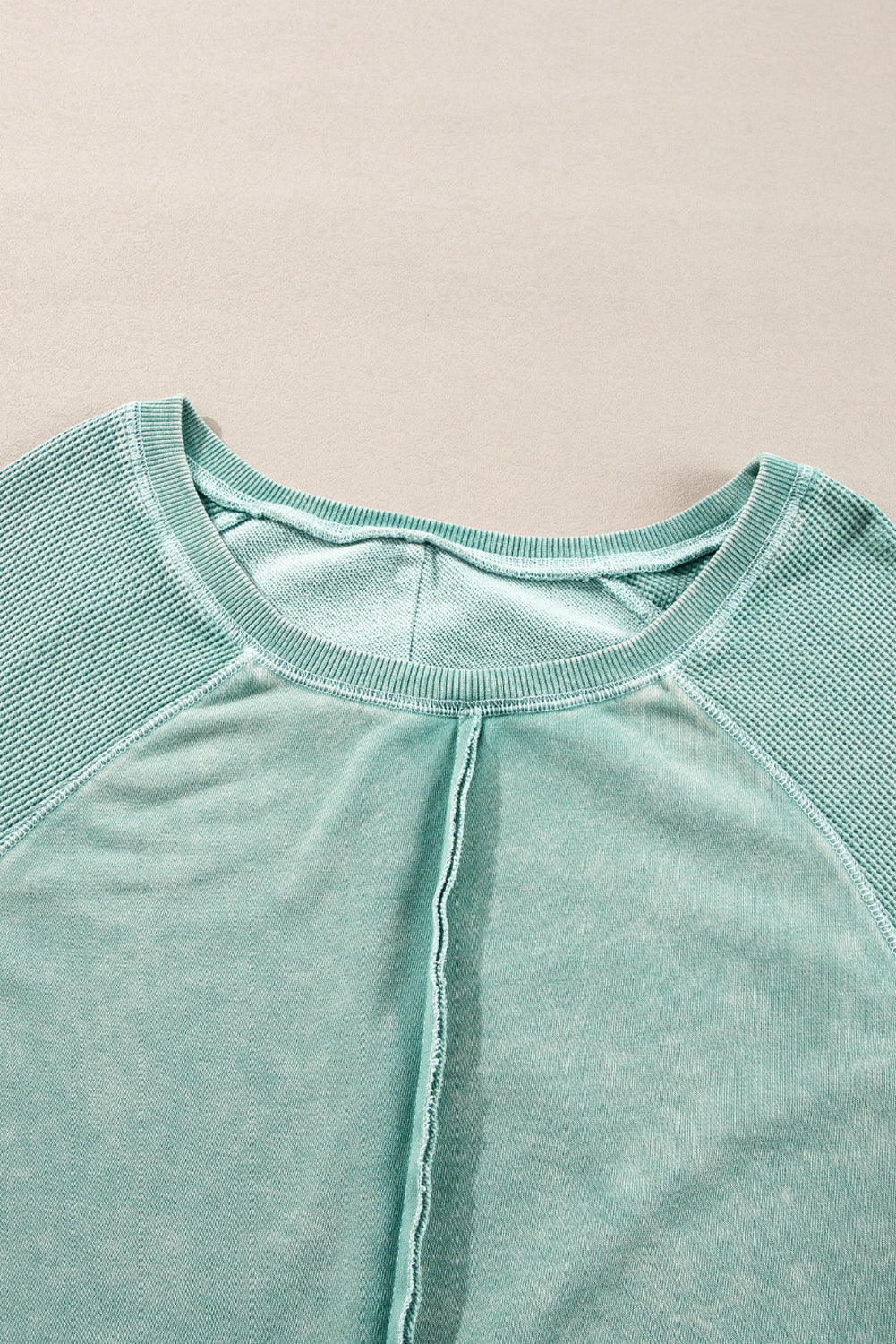 Mineral Blue Waffle Patchwork Raglan Sleeve Exposed Seam Sweatshirt